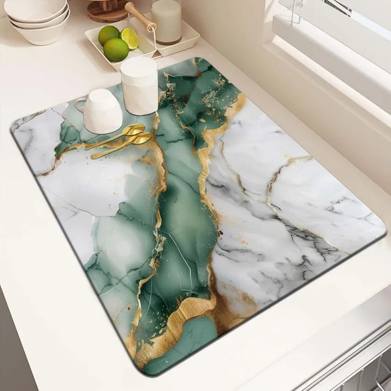 Luxury Green Marble Dish Drying Mat Modern Gold Vein Kitchen Counter Mat Aesthetic Emerald Coffee Bar Pad Absorbent