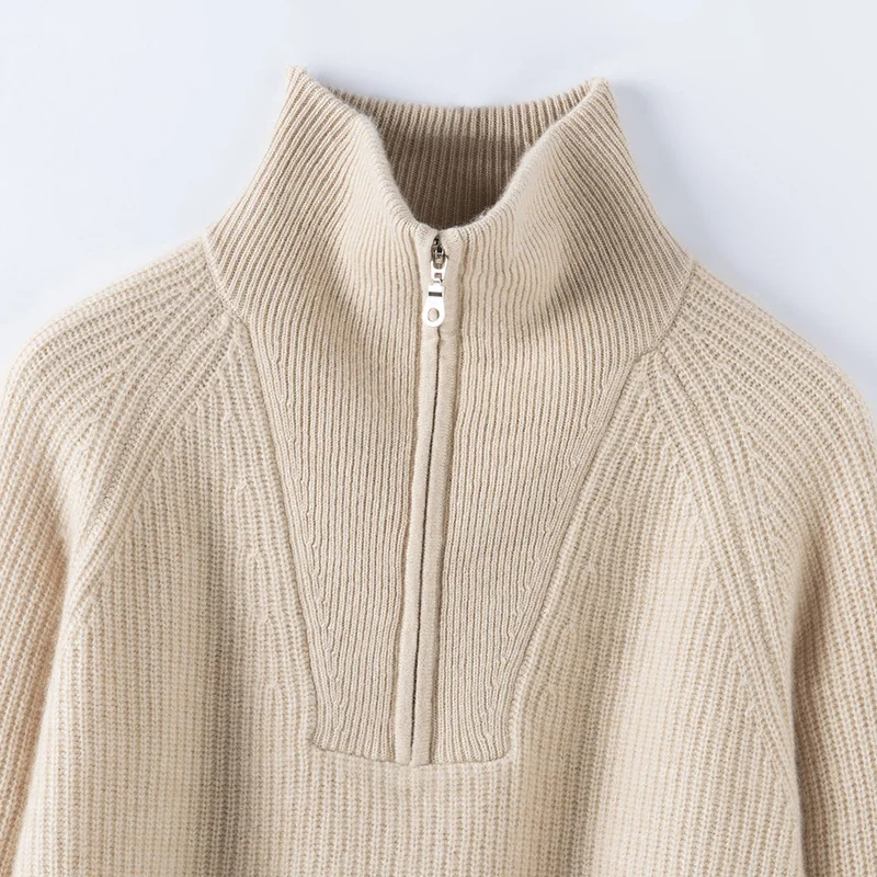 

Women's Thicken 100%Pure Cashmere Sweater New Half-Zipper High-Neck Knitted Pullover High-End Loose Long-Sleeved Cashmere Tops