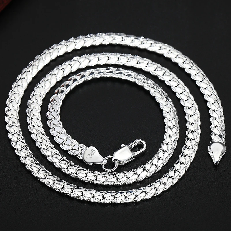 DOTEFFIL 925 Sterling Silver 6mm Side Chain 16/18/20/22/24 Inch Necklace For Woman Men Fashion Wedding Engagement Jewelry Gift