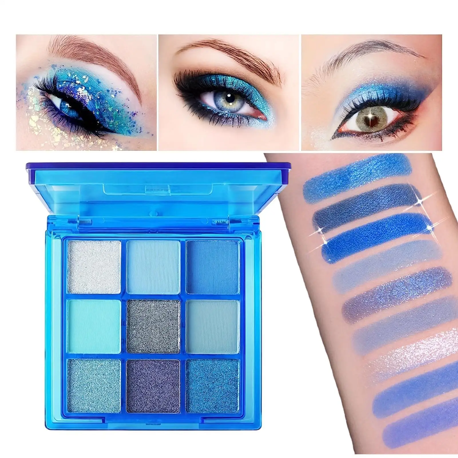 Paleta de sombras azuis, 9 cores, à prova d'água, suor, azul, fosco, pérola, glitter, acabamento, performance, palco, maquiagem, festival de música
