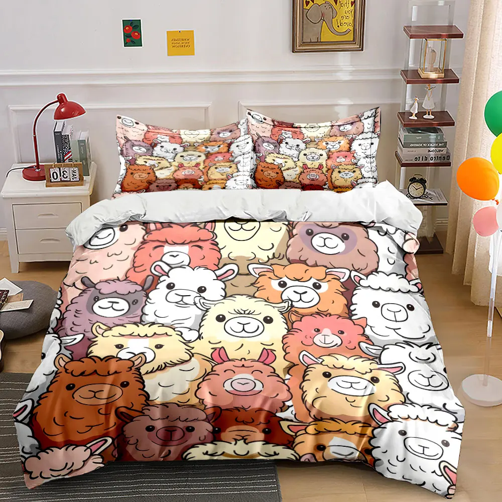 

Adorable cartoon alpaca gathering Printed Duvet Cover Set 1 Duvet Cover+2 Pillowcase Multi Size Bedroom Bedding Decor