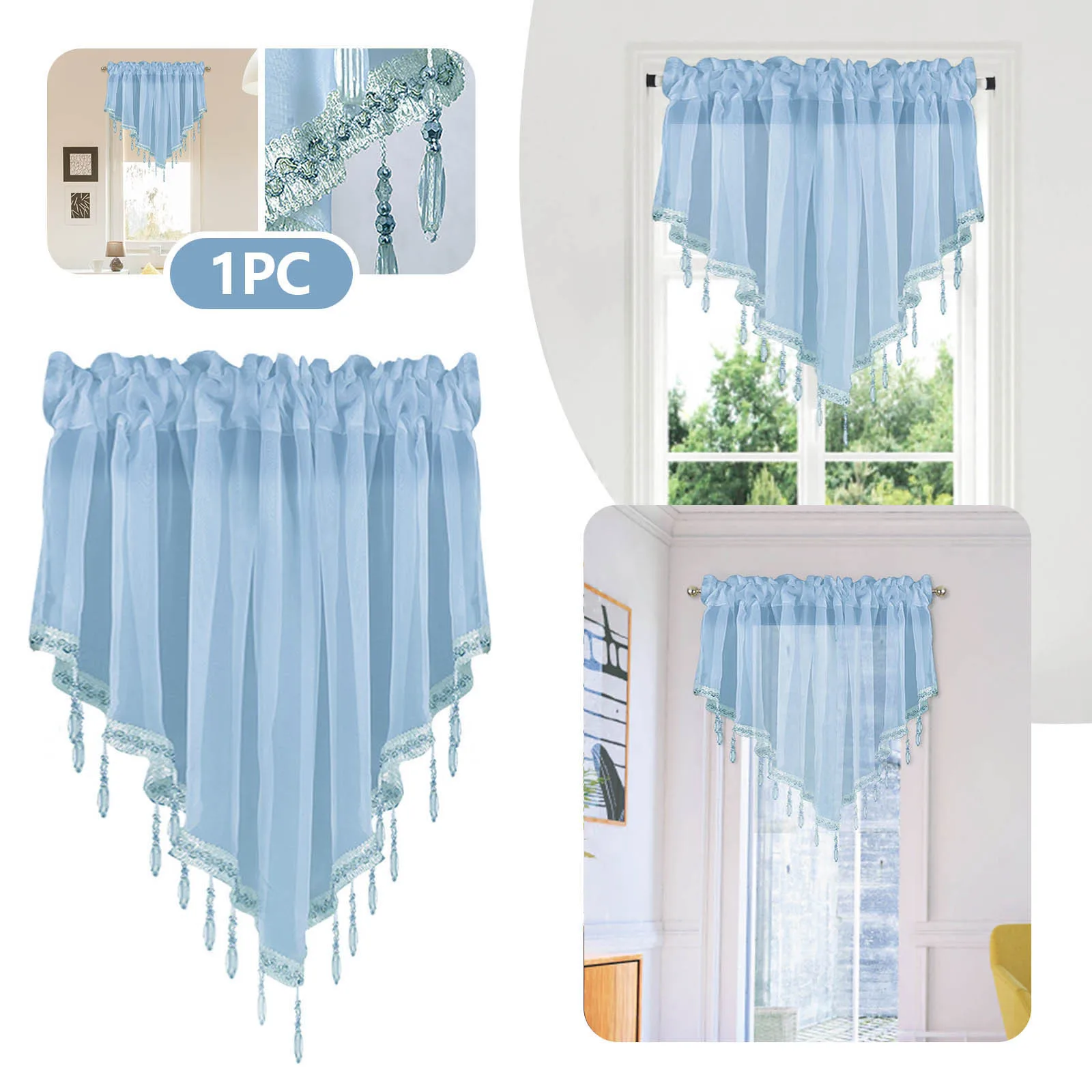 51×24in Pastoral Style Triangle Kitchen Short Curtain Window Valance Drape Coffee Bedroom Home Decor Sheer Tulle Short Curtain