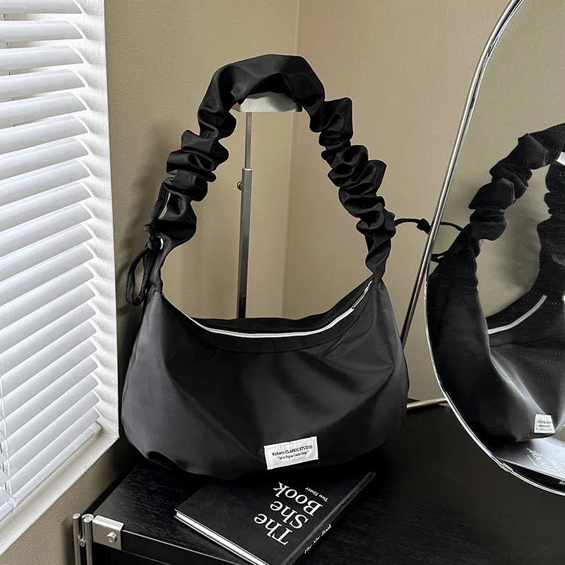 

New Hobo Shoulder Bag Crossbody Purse Fashion Wrinkle Nylon Women Handbag Lightweight Drawstring Nylon Bag