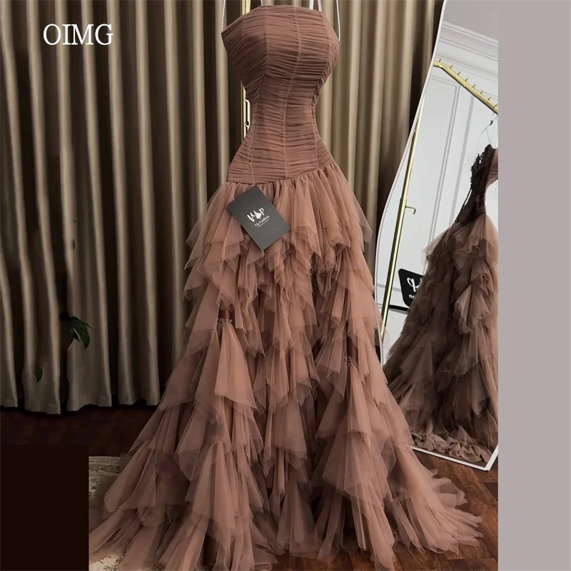 

OIMG Pastrol Strapless A Line Prom Gowns Backless Pleated Ruffled Party Gown Mesh Floor Length Evening Dress Customized