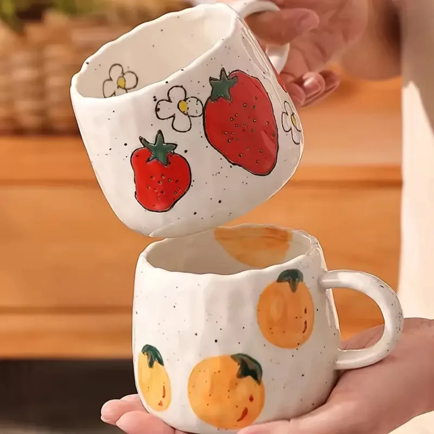 1pc 350ml Funny Fruit Pattern Ceramic Coffee Mug Handheld Type Milk Mugs  Accessories Simple Retro Hand Painted Glazed Cup