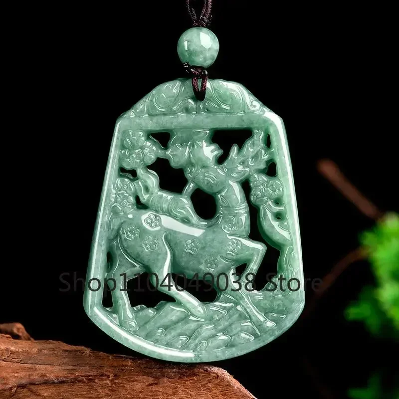 Natural A-goods Jadeite Pendant Blue Water Plum Blossom Deer Pendant Men and Women Neck Jewelry Charm Fashion Jade Necklace Gift