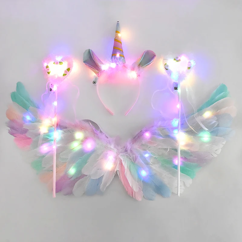 Women Girl Angel LED Feather Wing Glow Light Up Unicorn Headband Fairy Feather Wings For Kids Birthday Party Gifts Cosplay Props