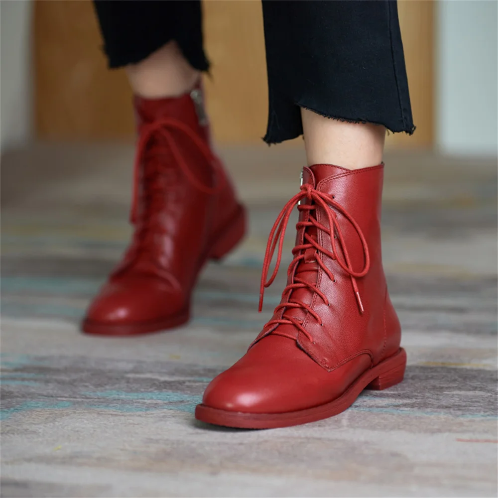 FEDONAS Ankle Boots for Women Low Heels Western Boots Female Autumn Winter Cross-tied Genuine Leather Booties Motorcycle Boots