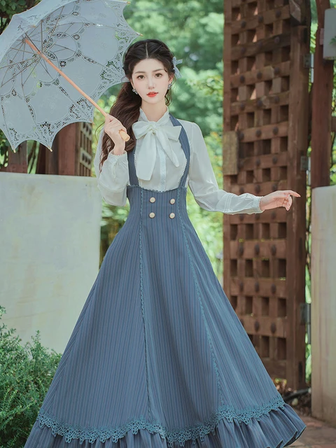 Camicia con fiocco in nastro ricamato da donna elegante in stile inglese top e fasciatura a righe blu gonna lunga abiti vittoriano 2 pezzi vestito AliExpress