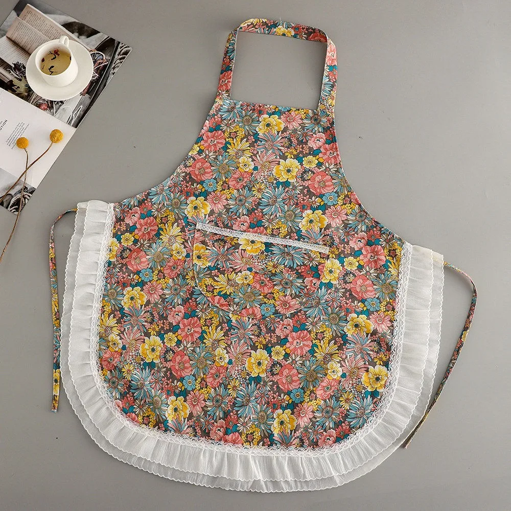 Creative Stain Resistant Neck Hanging Apron Floral Lace Wear Resistant Kitchen Apron Breathable Soft Canvas Apron Floral Shop