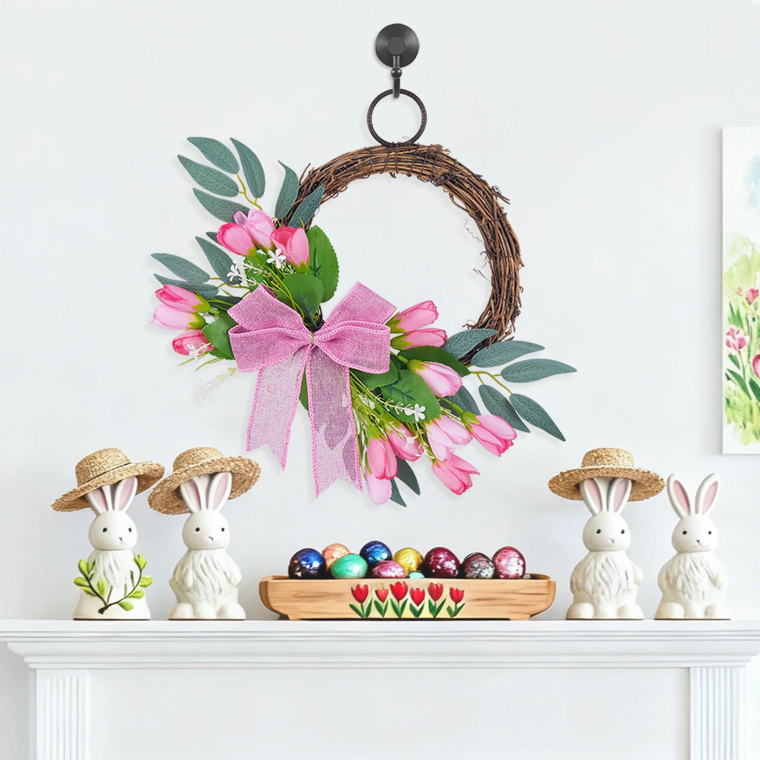 14-Zoll-Osterkranz mit Tulpengrün und Schleife, künstliche Blume, Haustür-Dekoration für Zuhause, Urlaub, Party, Osterdekoration