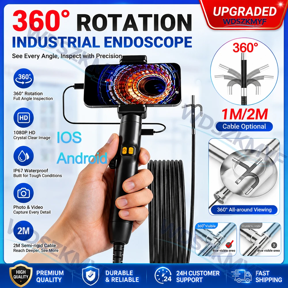 360 degree steering inspection camera HD car automatic maintenance hole endoscope 6MM with 6 LED portable tools IP67