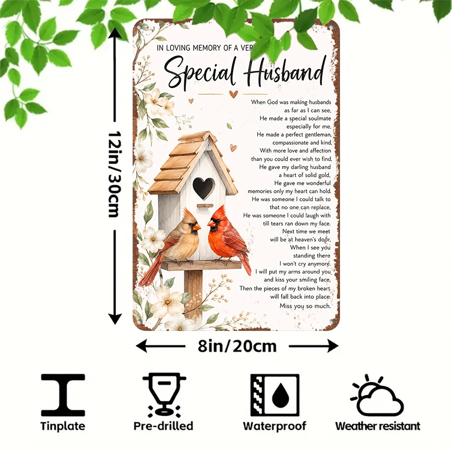 2D flat retro metal tin plate, Special Husband Cardinal Memorial Tin Sign, Suitable for home, garage, café, bar and garden decoration - Detail 1