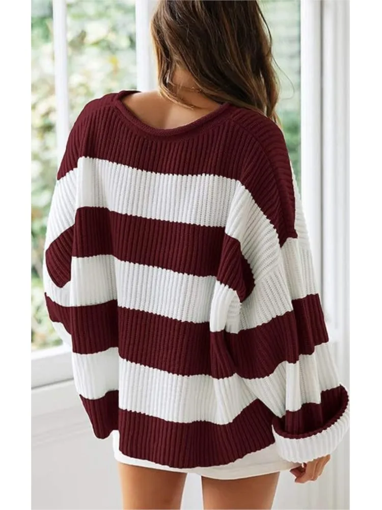 Autumn And Winter O Neck Long Sleeve Striped Sweater For Women 2024 Fashion Bell Sleeve Loose Knitted Sweaters Y2k Preppy style