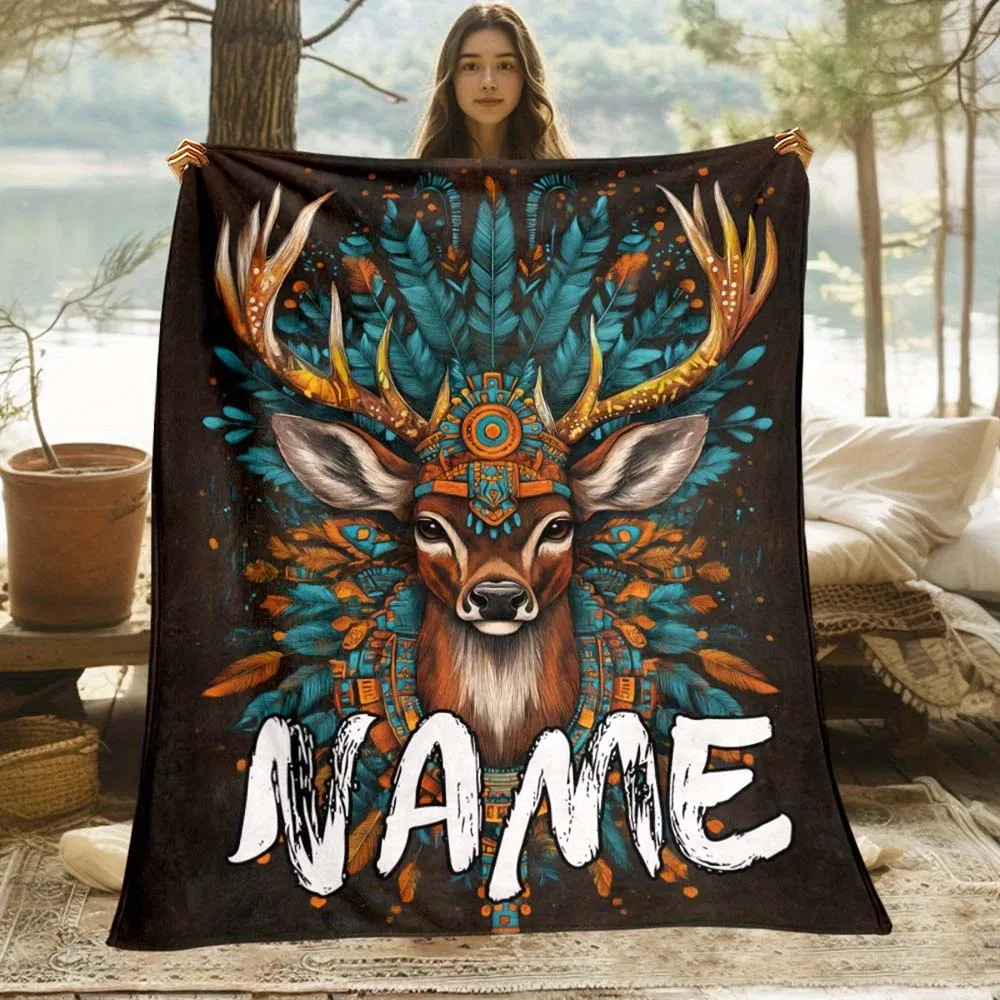 

1pc Personalized Boho Deer Name Blanket, Custom Tribal Spirit Elk Soft Fleece Throw Blanket for Home Couch Bedroom Decor Gift