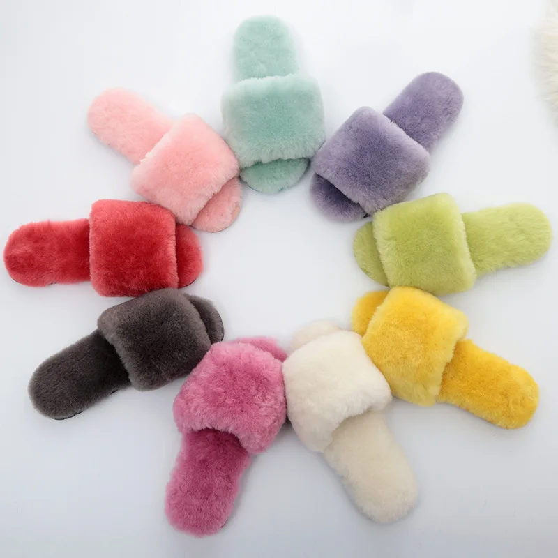 2020 New Arrivals Women Real Sheepskin Fur Indoor Slippers Warm Fluffy Flip Flop House Slippers Open Toe Home Slippers For Girls