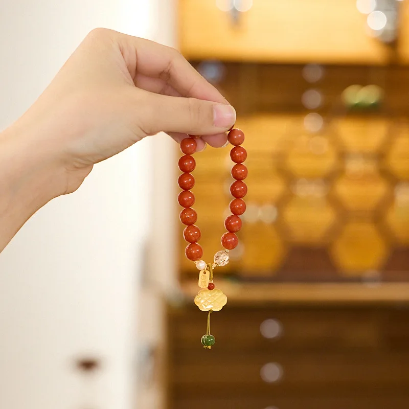 Natural 10MM Wa Xi South Red Agate Bracelet with Amber Ruyi and S925 Silver Health Tag Premium Bracelet Gifts