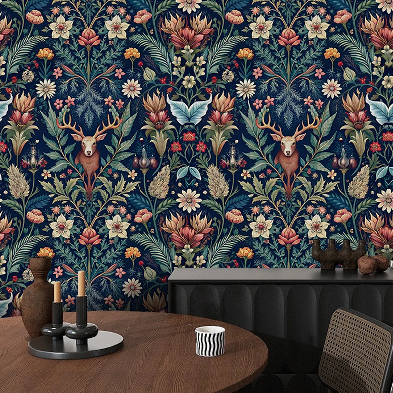 Deer Head Plant Flower Peel and Stick Wallpaper Removable Forest Contact Paper Vinyl Self Adhesive Floral Art Deco Wall Sticker