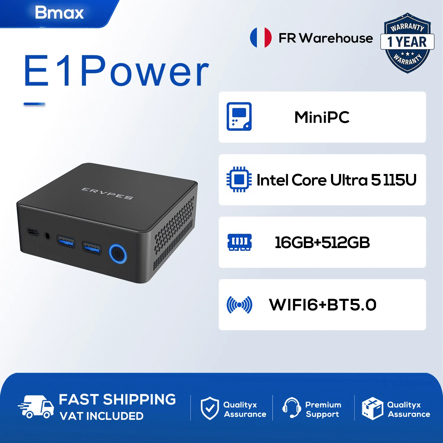Ervpes E1 Power Mini Pc Intel Core Ultra 5 115U 16Gb Lpddr5 512Gb Nvme Ssd Dubbele 2.5g Lan Wifi6 Bt5.0 Driescherms AI Computer Win11