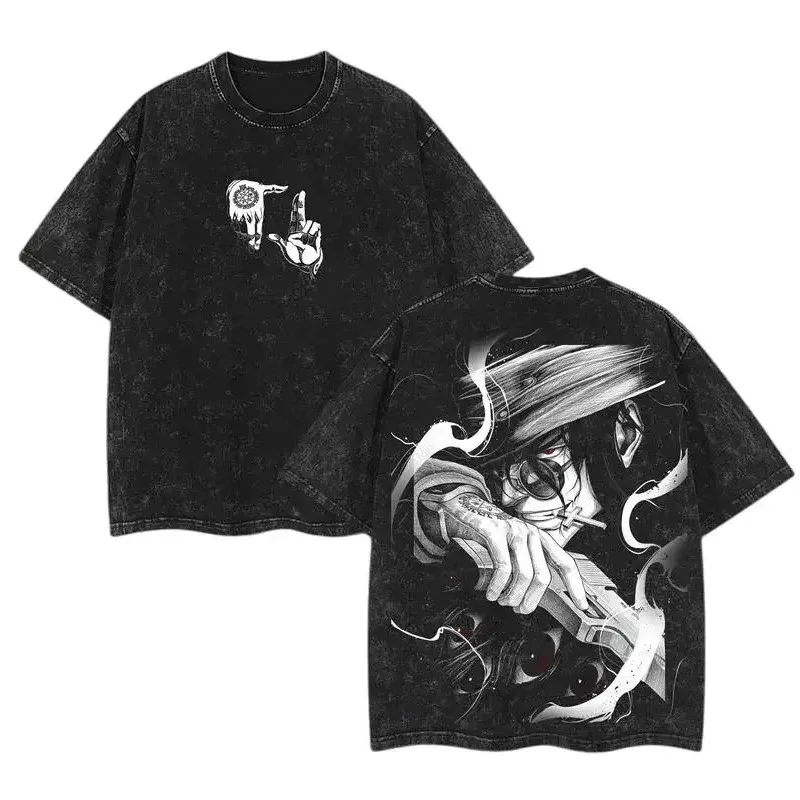 Hellsing Manga Graphic T-shirt Vintage Washed Vampire Anime Unisex Oversized Crew Neck Cotton Short Sleeve Tee Tops Hot Sale