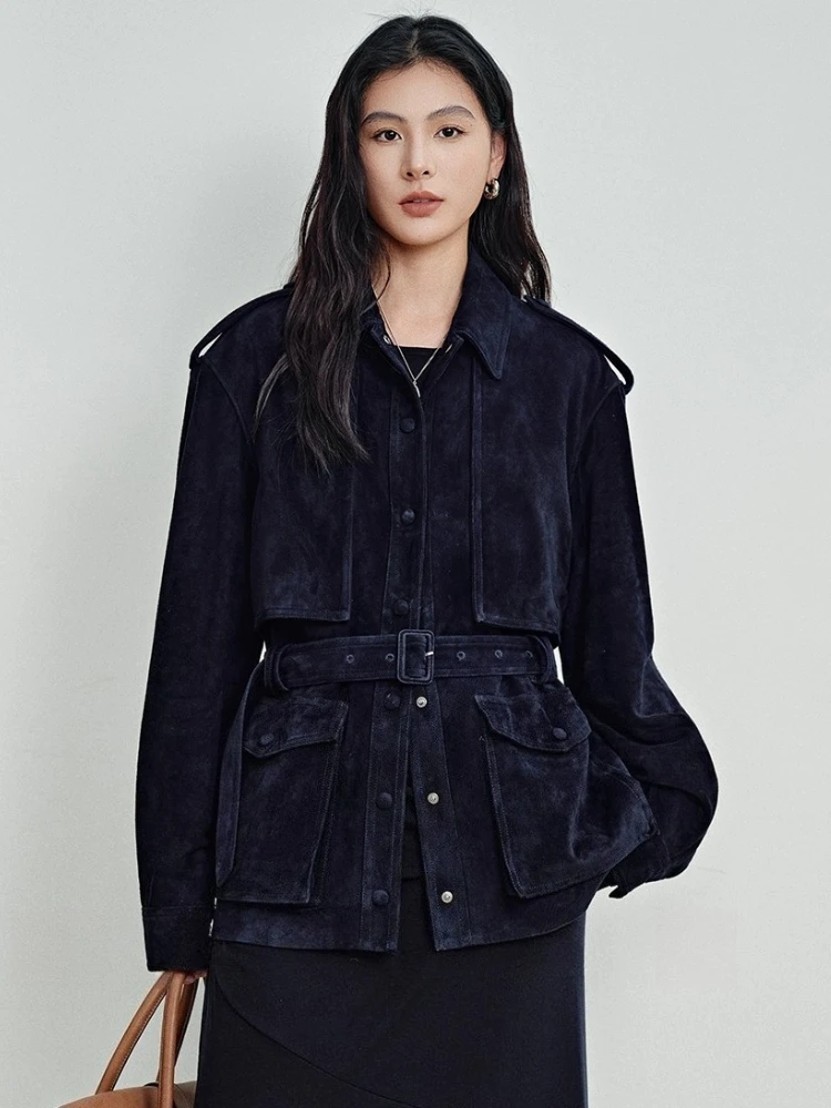 

Vintage Genuine Leather Cargo Jackets for Women Autumn Winter 2026 New High-end Simple Slim Real Goatskin Suede Coat with Blet
