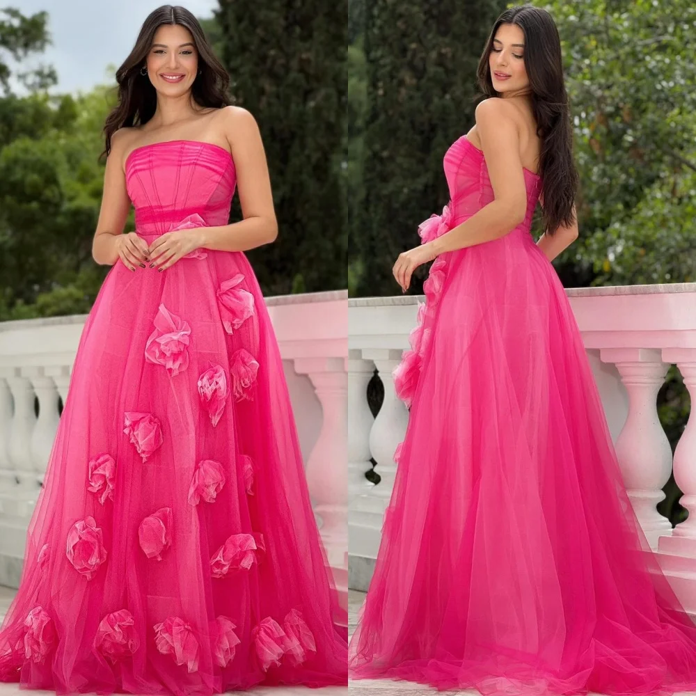 

Customized Fashion Classic Tulle Handmade Flower Pleat A-line Strapless Long Dresses Bespoke Occasion Dresses High Quality Sexy