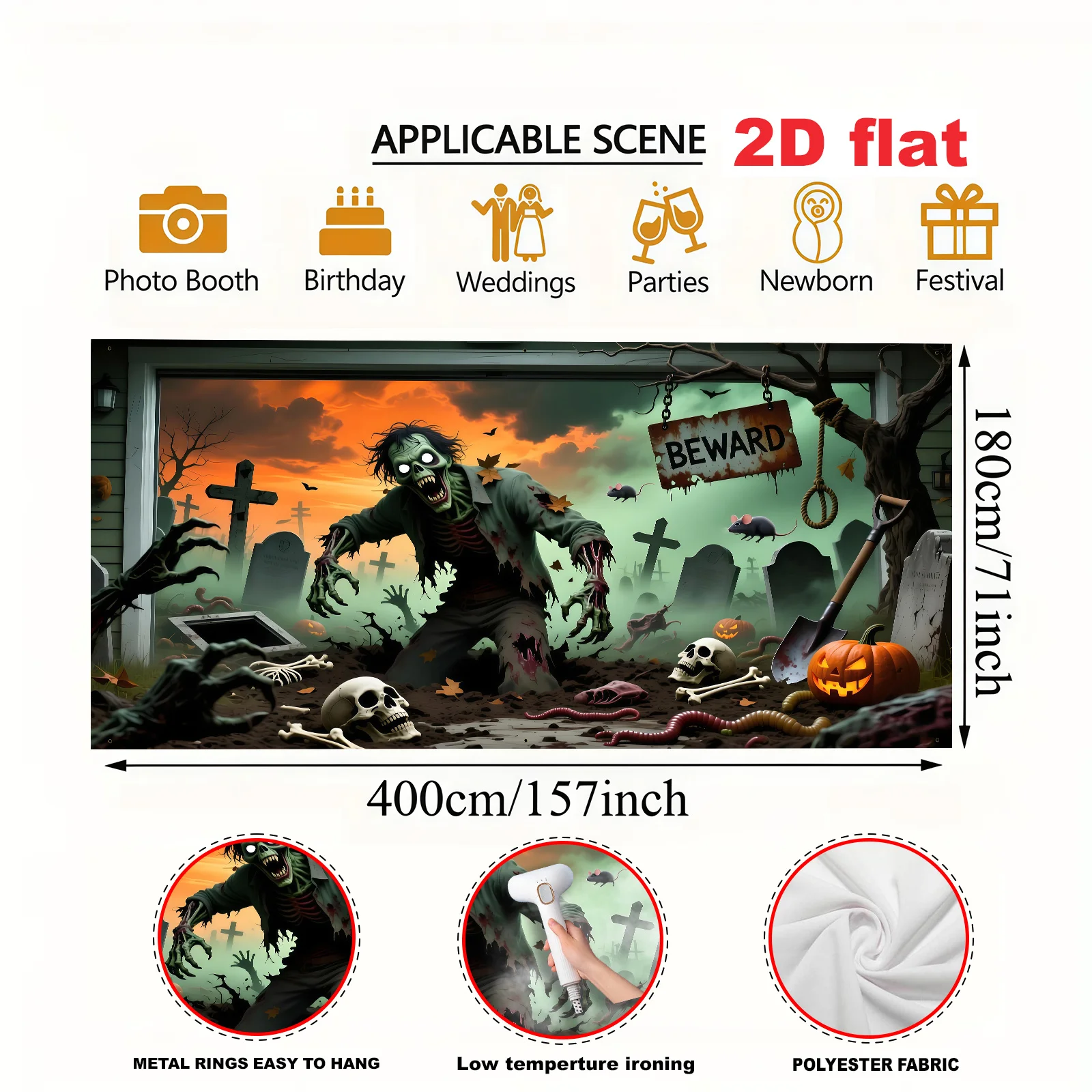 Flat banner 57*71 inches, polyester, Halloween zombie-themed garage door