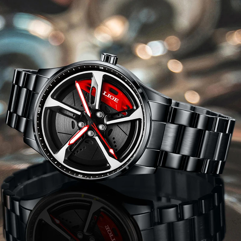 LIGE 2025 Rotating Dial Quartz Wristwatch Car Wheel Creative Fashion Watches Men  Waterproof Stain Steel Sports Mens Watch Reloj