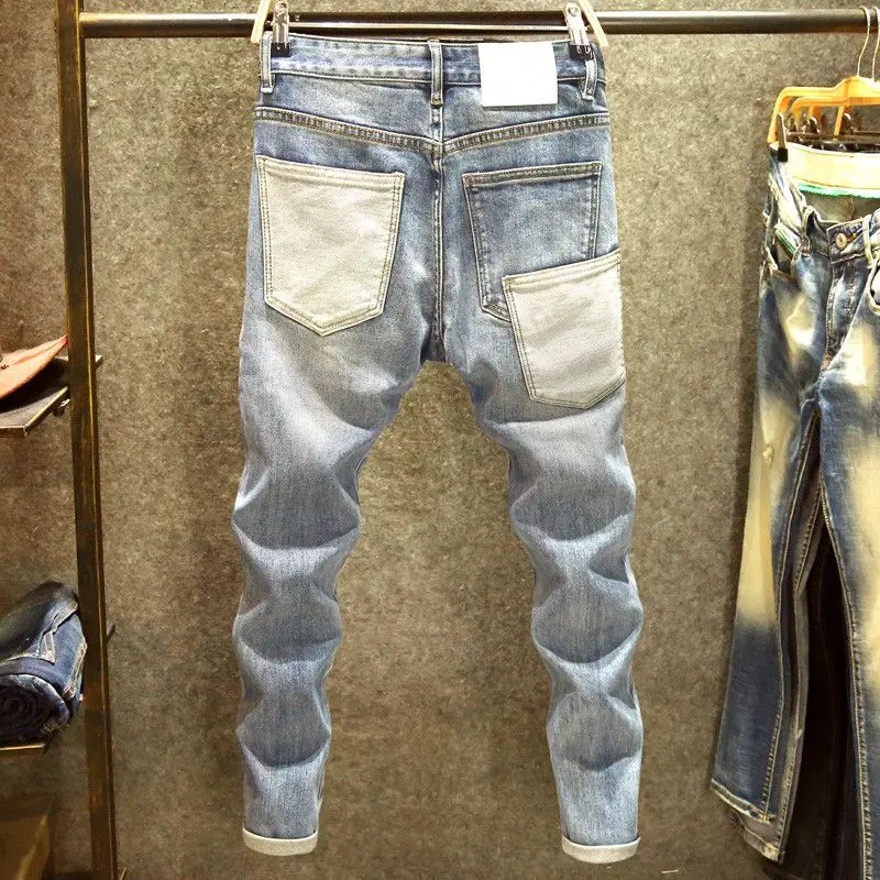 Trendy 2025 Brand Sticker Handsome Jeans Men's Designer Multi-pocket Trend Slim-fitting Pants Patchwork Patch Elastic Trousers