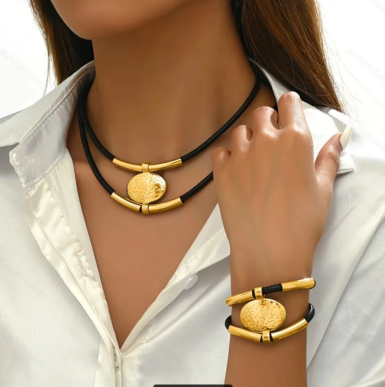 2 Pcs Fashion Gold Silver Color Double Layered Chain Jewelry Sets For Women Vintage Oval Metal Faux Leather Necklace Bracelet