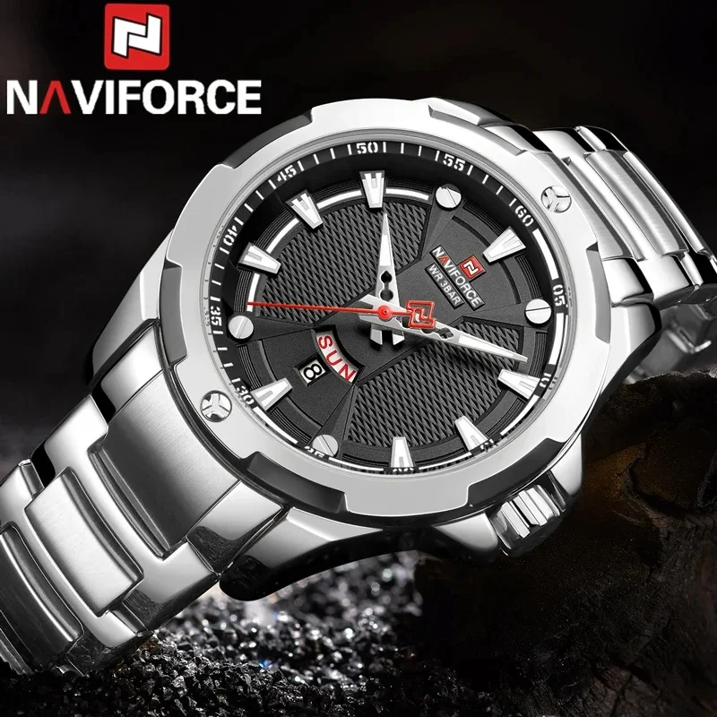 NAVIFORCE Men Business Waterproof WristwatchSilver Stainless Steel Sport Military Date Week Quartz Male Clock Relogio Masculino