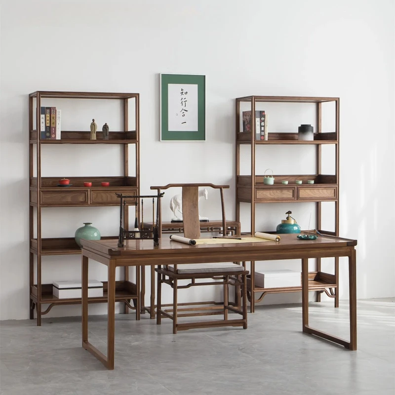 

Black walnut desk bookcase combination all solid wood painting and calligraphy table elm tea table new Chinese style