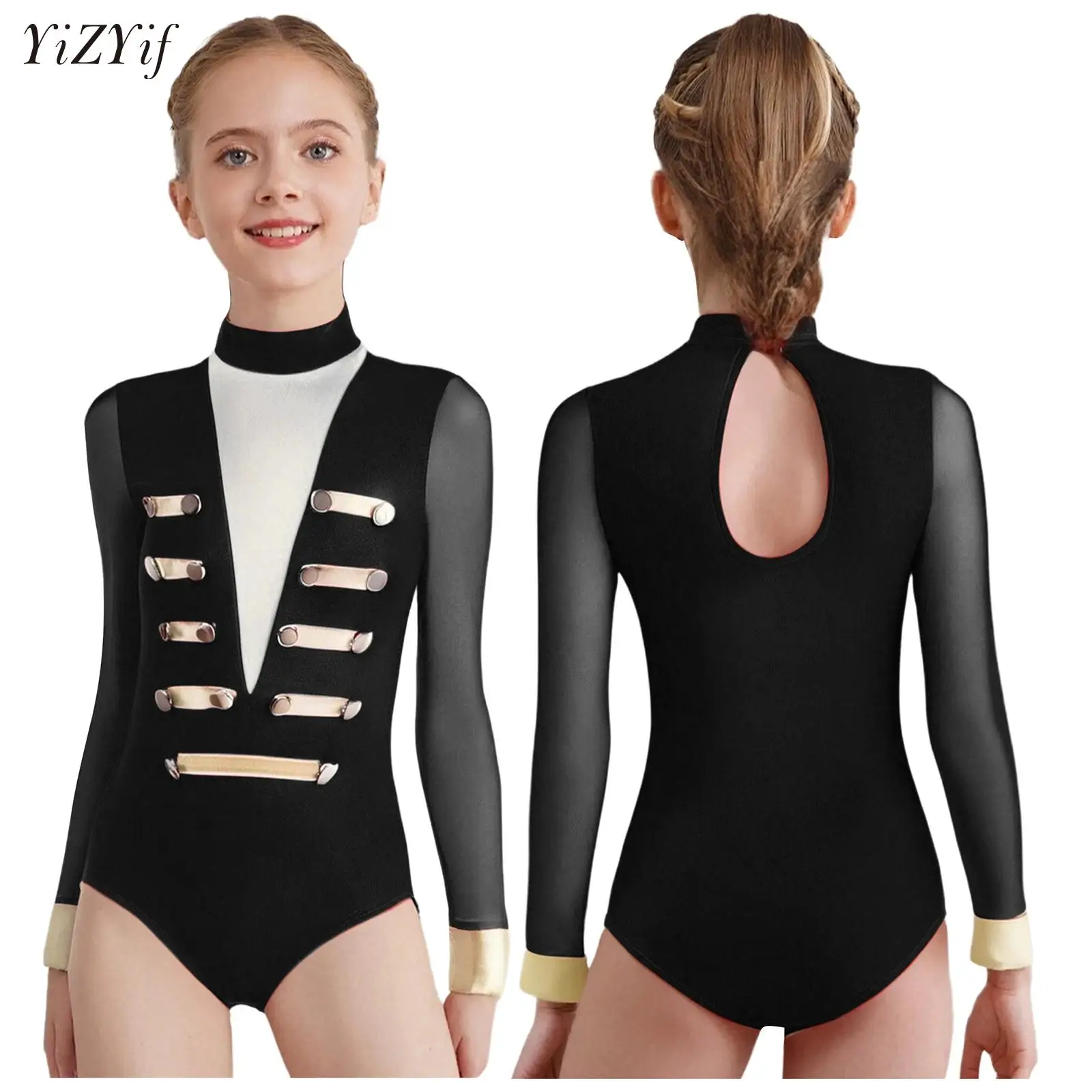 

Kids Girls Sheer Mesh Long Sleeve Metallic Bodysuit Figure Skating Leotard Ballet Dance Gymnastics Acrobatics Yoga Dancewear