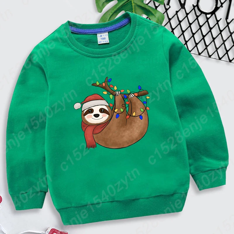 Christmas Light Sloth Print Pullovers Kids Boys Girls Plus Size Tops Children Casual Long Sleeve Round Neck Hoodeless Sweatshirt