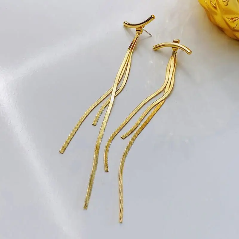 Stainless Steel Gold Color Bar Long Thread Tassel Drop Earrings for Women Glossy Vintage Earrings Fashion Jewelry