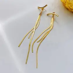 Stainless Steel Gold Color Bar Long Thread Tassel Drop Earrings for Women Glossy Vintage Earrings Fashion Jewelry
