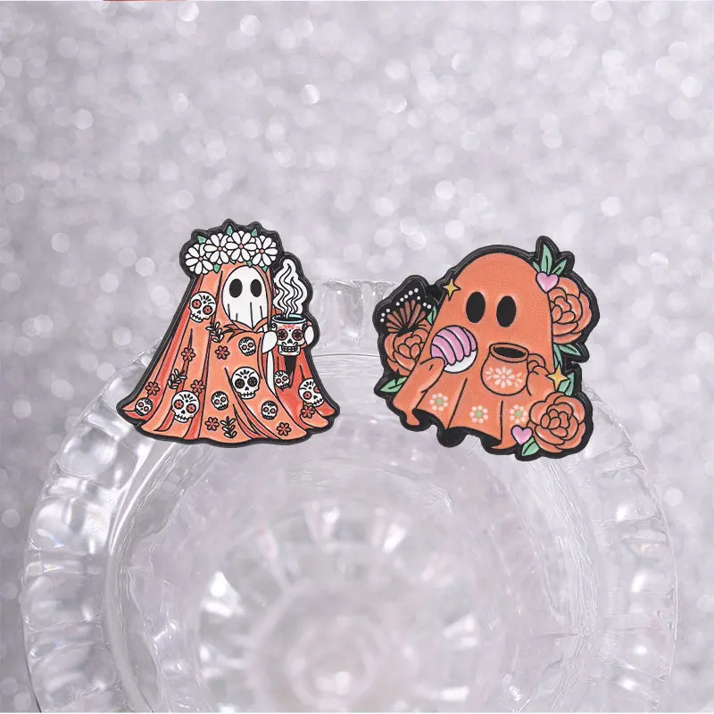 Creepy Cute Boo Enamel Pins Mexico Day of the Dead Brooch Spooky Coffee Ghost Lapel Badges Halloween Jewelry Gift for Friends
