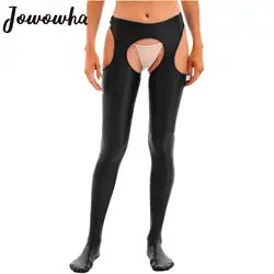 Womens Glossy Crotchless Pantyhose Sexy Open Crotch Open Butt Pants Wet Look Tights Leggings Stockings Exotic Nightwear Clubwear