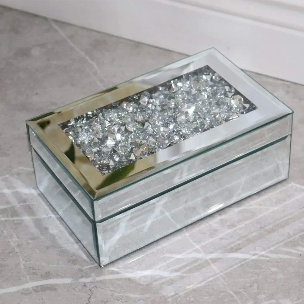 Crush Jewel Diamante Mirrored Glass Crystal Jewellery Organiser box Storage Crushed Diamond Jewelry Boxes Women Makeup Drawers