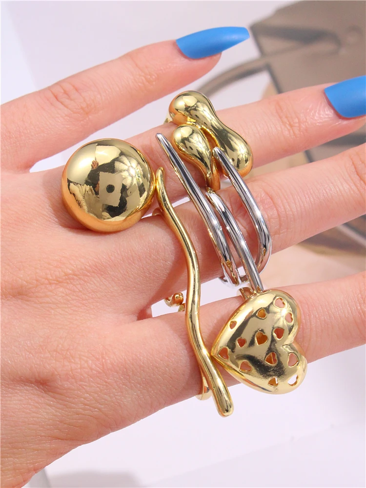 HUANZHI 2024 New Irregular Geometric Line Multi Element Gold Color Open Rings for Women Collection Couple Fashion Jewelry Gifts