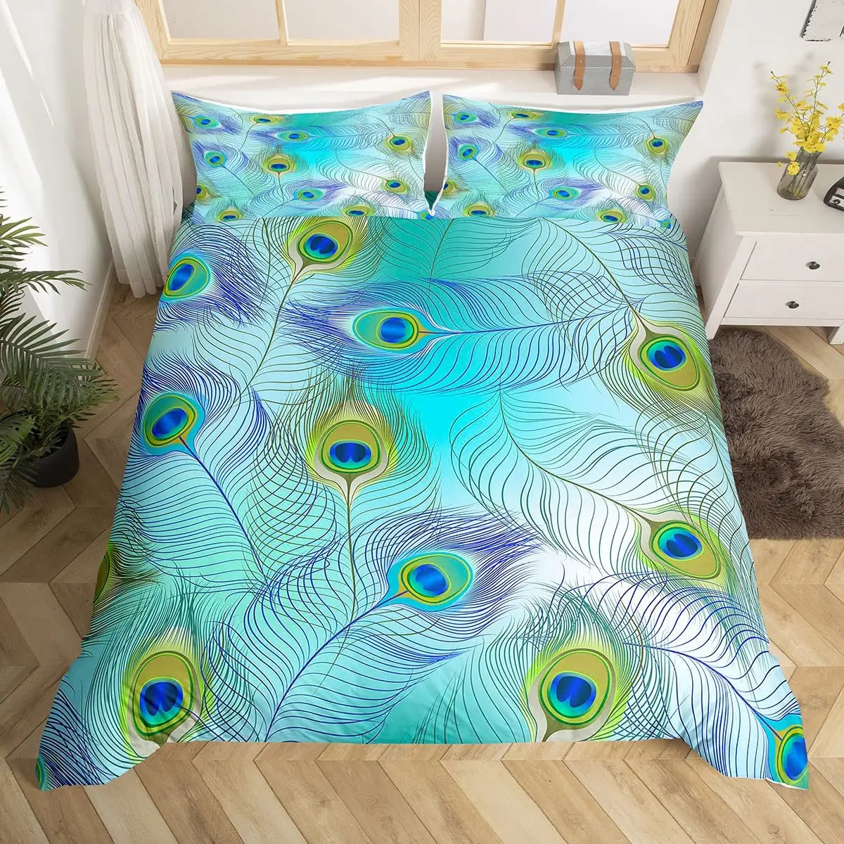 Juego de funda nórdica con estampado de plumas de pavo real, juego de cama con elementos de plumas de pájaro gemelo Queen, funda de edredón de animales salvajes para niñas y adolescentes