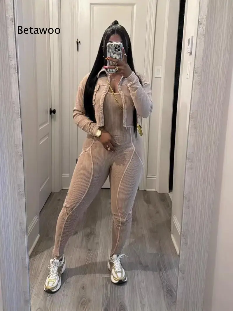 Women Acid Wash Vintage Tone Two Piece Outfit Jumpsuit Set Relax Romper Fashion Garment For Daily Styling Outdoor Trip And Casu