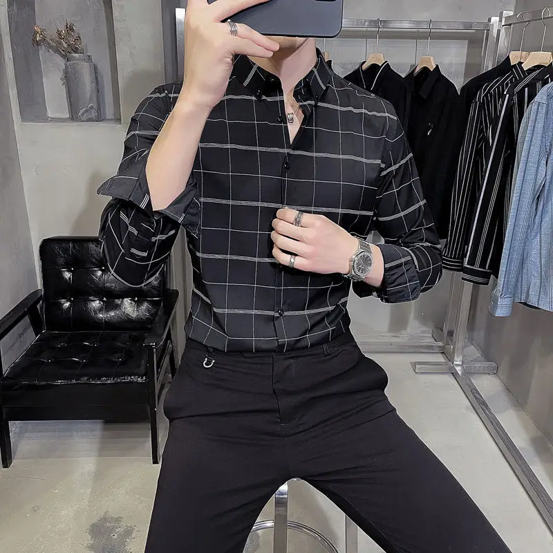 

2022 New Quality Fashion Men's Plaid Shirt Man Business Youth Casual Long Sleeve Shirt Tops Male Comfortable Clothes Blouse A197