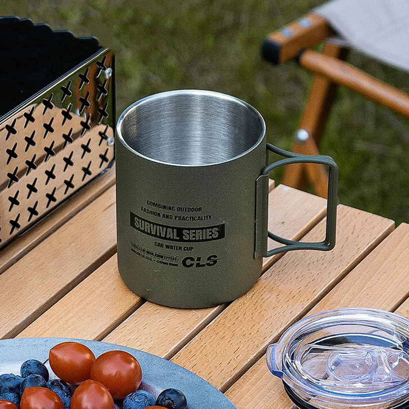 Double-Layer Stainless Steel Water Cup, Camping, Picnic Drinking Cup, Portable Folding Coffee Cup, Outdoor, 320ml