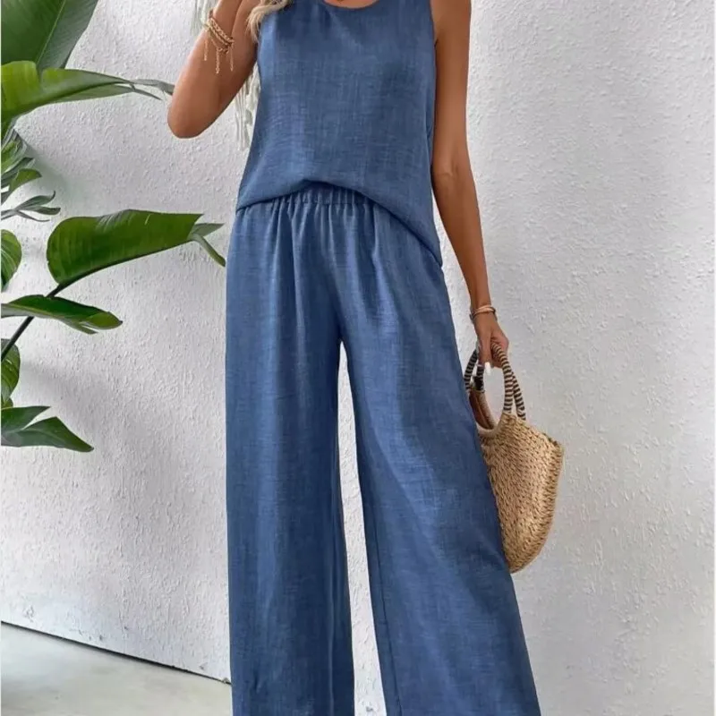 Spring Summer Fashion Solid Two Piece Sets 2024 Women Casual Loose Hollow Lace Sleeveless Top Wide Leg Pants Two Piece Set Woman