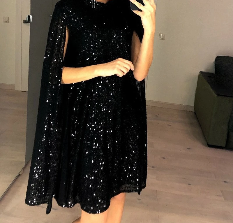 Spring 2025 New Small Stand Up Collar Sequined Dress for Loose Women's Clothing