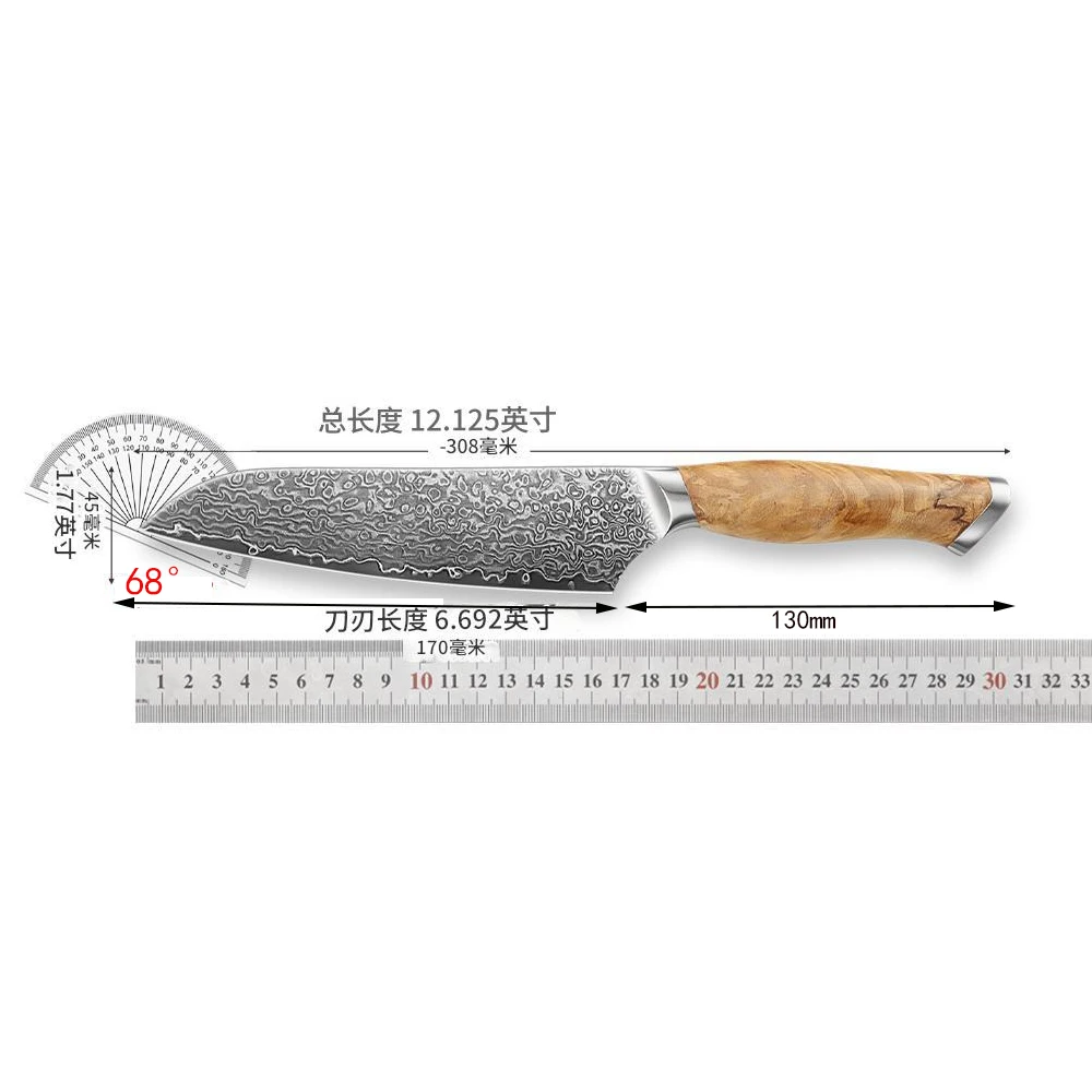 6.7 Inch Santoku Knife 67-layers Damascus Steel Blade Olive Wood Handle Chef Slicing Sushi Vegetables Cleaver Meat Kitchen Knife