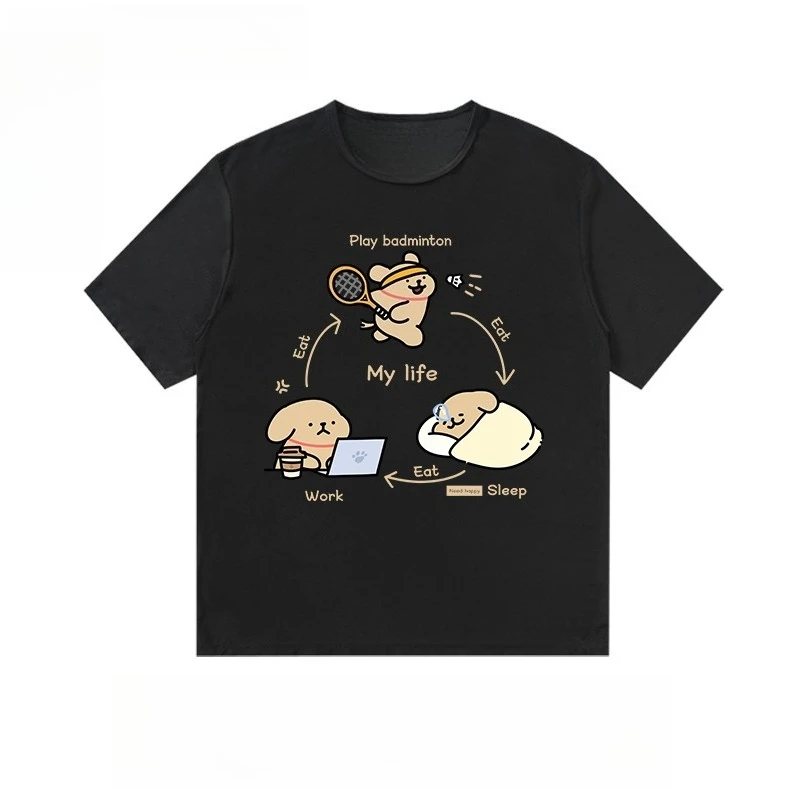 

Plus Size Little Yellow Dog Playing Badminton Day Creative Printing Short-sleeved T-shirt Women's Pure Cotton Sports Fitness