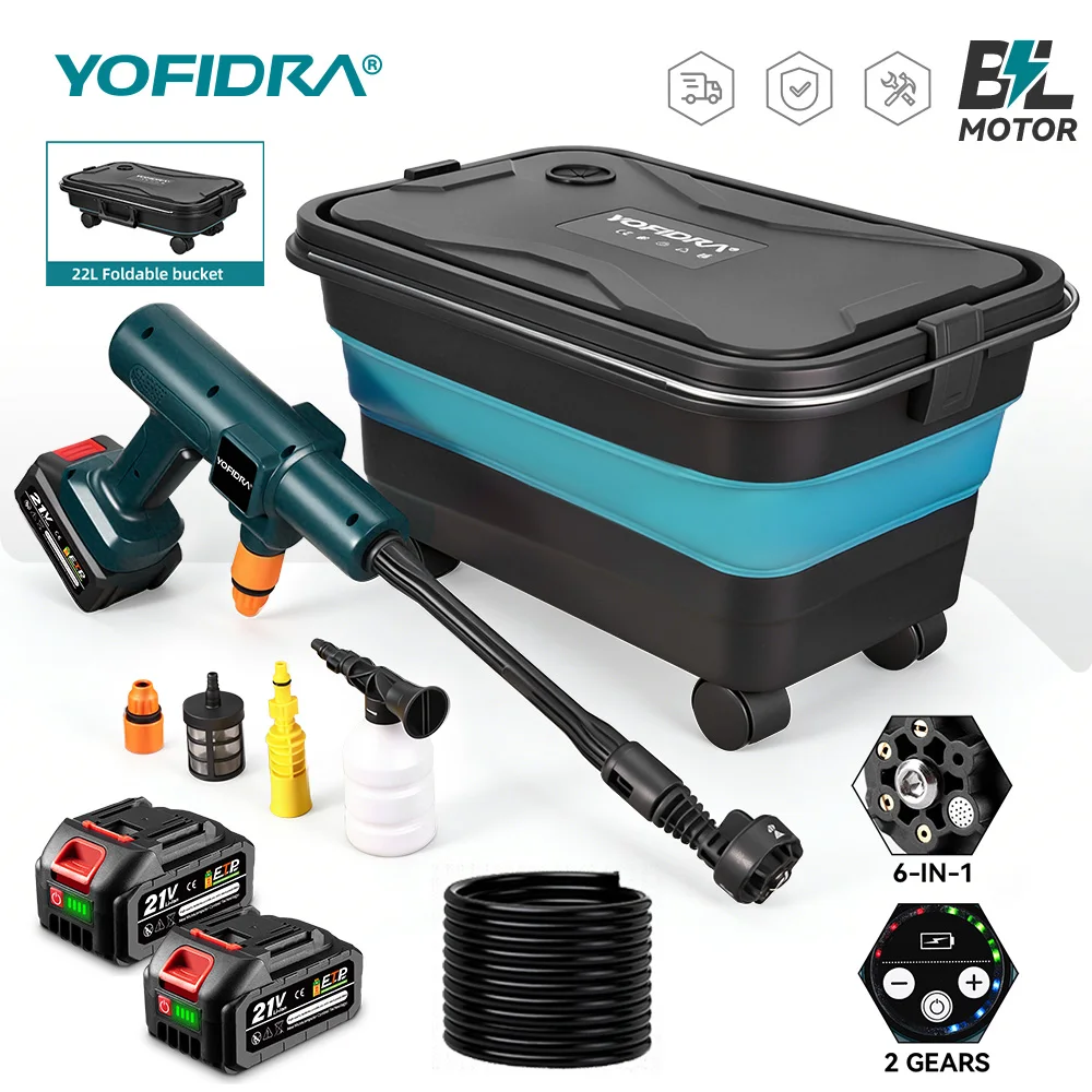 YOFIDRA 200Bar Bürstenloser Hochdruckreiniger Kabelloser Elektrischer Wasserstrahl-Reiniger Tragbare Autowaschpistole mit Eimer Reinigungswerkzeug für Makita 21V Akku