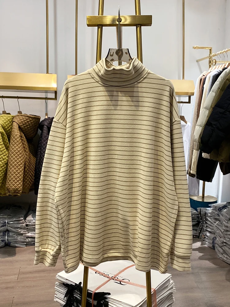 Sanding 【Live Shot】thicken Loose Striped Basic T-shirt for Women New Autumn Winter High Collar Long Sleeve T Shirt Top